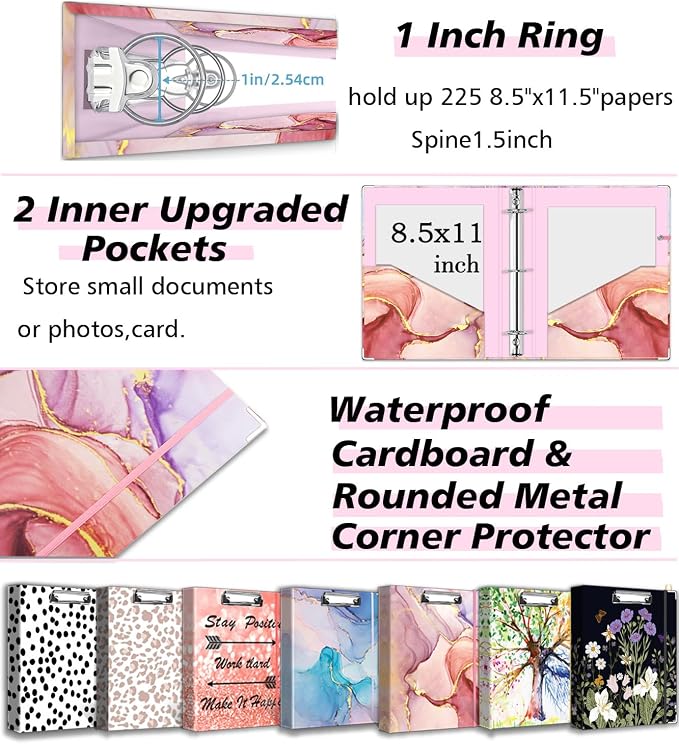3 Ring Binder 1 Inch, Three Ring Binders Organizer with Clipboard, 5-Tabs Pockets Dividers, Plastic Folder, 18 Divider Stikers, BVSSX Pink Decorative Binder with Pen Loop (Pink Marble, Letter Size)