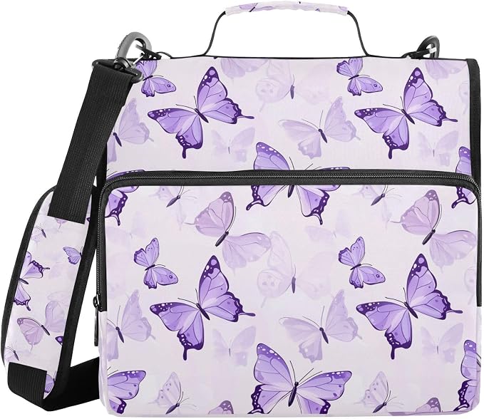 3 D-Ring Zipper Binder Bag, Purple Butterflies Pattern Removable Binder with Zipper Case Hold 300+ Sheets& 13 Inch Laptop for School Office Supplies Organizer