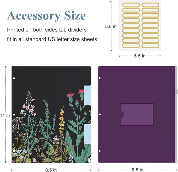 3 Ring Binder, 1 Inches Round Ring Binder with Clipboard, Dividers Tabs, PVC Zipper Bag Sleeves & to Do List Planners for Women, Men, School, Office Supplies, Wild Flower