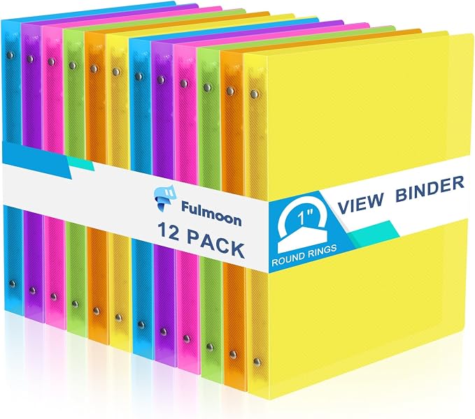 Fulmoon 12 Pcs 1 Inch 3 Ring Binders with 2 Interior Pockets Fits Letter Size Paper 8.5'' x 11'', Clear View 1-inch Three Ring Binders for School Office Business Supplies(Multicoloured)