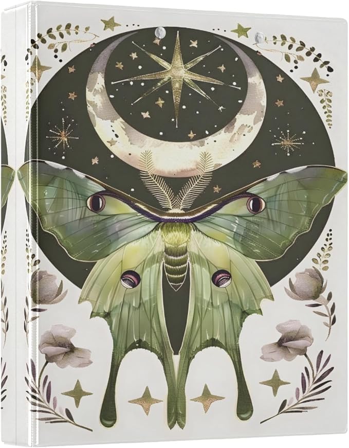 3 Ring Binder Moth Moon Art 1.5" Round Ring Binders View Binder with 200 Sheet for Women Men Office Kids School Supplies, 1 Pack