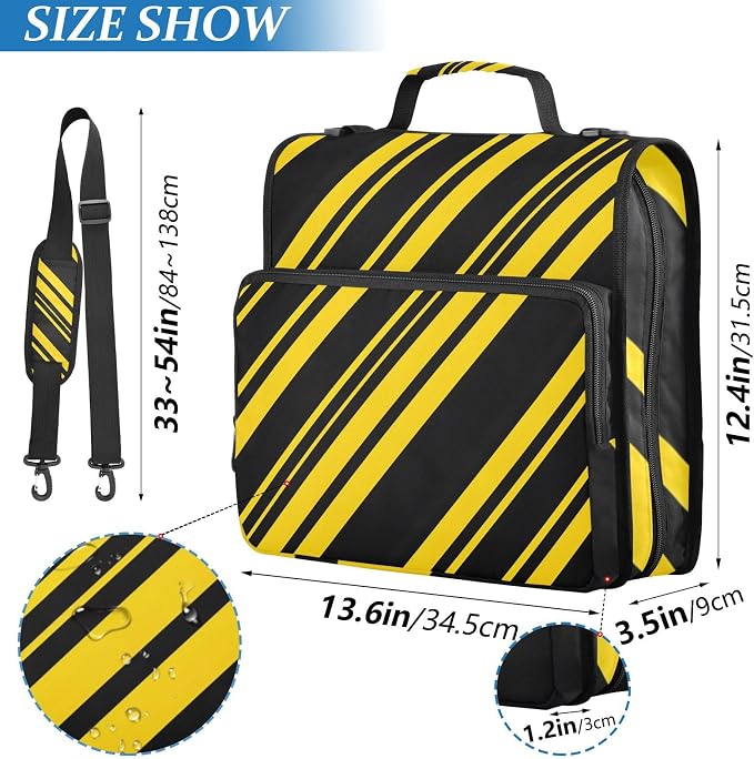 3 D-Ring Zipper Binder Bag, Black Yellow Diagonal Striped Removable Binder with Zipper Case Hold 300+ Sheets& 13 Inch Laptop for School Office Supplies Organizer