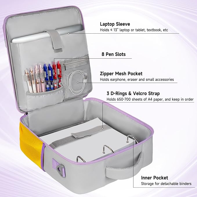 Zipper Binder 3 Ring 3 Inch with Shoulder Strap, Large Binder Backpack with Zipper Fits 13 Inch Laptop for College Office Travel, 700 Sheets Capacity,Gray&Yellow