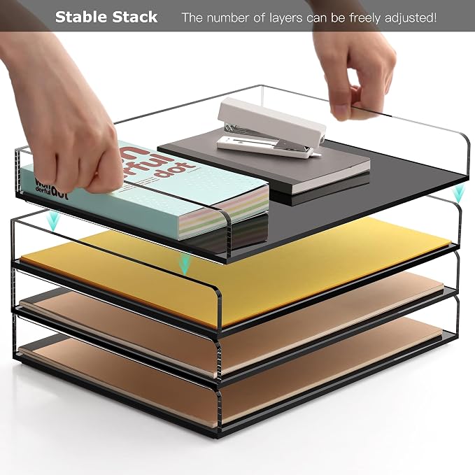 2 Pack Black Stackable Paper Letter Tray, Acrylic A4 File Organizer | 12.4inx8.86inx3.46in,Desk Accessories Sorter, Workspace Office Supplies Organizers for Office, Home, Classroom or School