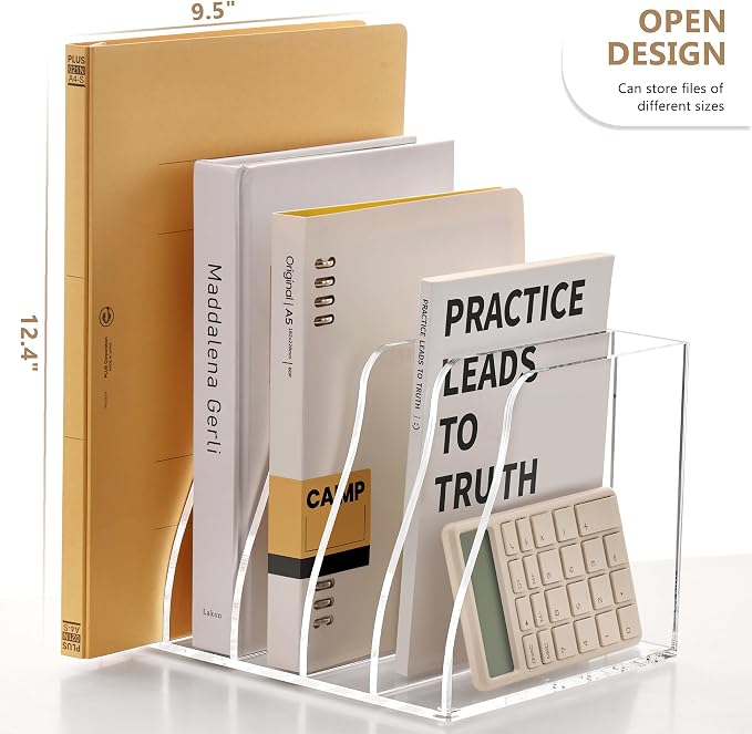 SANRUI Acrylic Magazine File Holder Desk Organizer, Clear 5 Compartments | Workspace Document Sorter, Vertical Folder Rack Binder for Office Home Classroom Tablet, Books & Accessories Storage