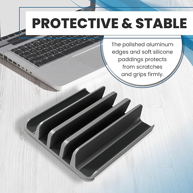 5- Slot Vertical Laptop Stand - Aluminum Laptop Stand Vertical for Desk - Fits MacBook Pro/Air, Surface, Mobiles & Gaming Laptops up to 17.3" - Heavy Duty Laptop Holder for Desk - (Black)