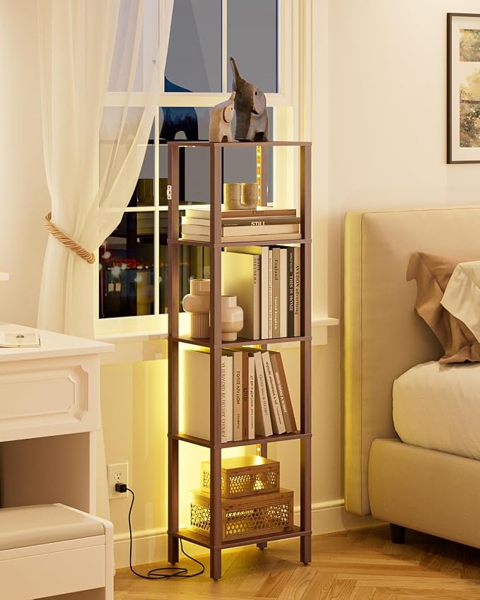 Open Book Shelf with LED Lights, 5 Tier Tall Bookshelf, Freestanding Shelf Narrow Bookcase with Open Shelves, 14.96" x 10.63" x 53.54", Book Shelves for Living Room, Office, Study, Walnut