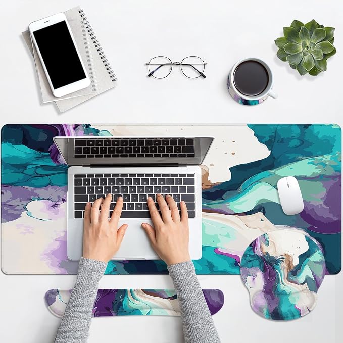 Keyboard Mouse Pad Set, 4 in 1 Desk Mat Set, Marbling Liquid | Teal Purple Large Mousepad+Keyboard Wrist Rest+Mouse Wrist Rest+Coaster Ergonomic Design for Home Office Computer