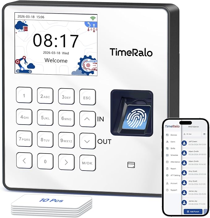 Cloud Time Clock for Small Business, 3-in-1 Mode, Remote Access | Fingerprint Attendance System with Smart Scheduling, Overtime & Lunch Rules, Auto Report, 10 Cards, 2.4G WiFi, No Monthly Fee