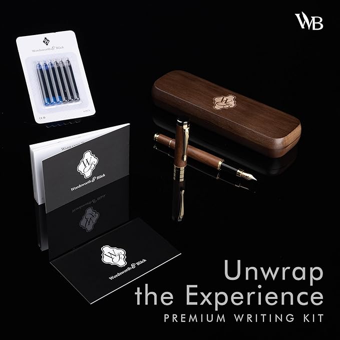 Wordsworth & Black Fountain Pen Set, Luxury Bamboo Wood - Fine Nib, Gift Case; Includes 6 Ink Cartridges, Ink Refill Converter -Journaling, Calligraphy; Drawing, Smooth Writing [Brown Wood]