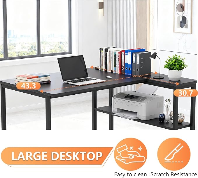 FDW L-Shaped Gaming Desk 43 Inch Computer Desk Corner Desks with Reversible Side Storage Shelves Study Desk Metal Frame PC Work Table for Home Office Dorm Sturdy Writing Workstation,Dark Black