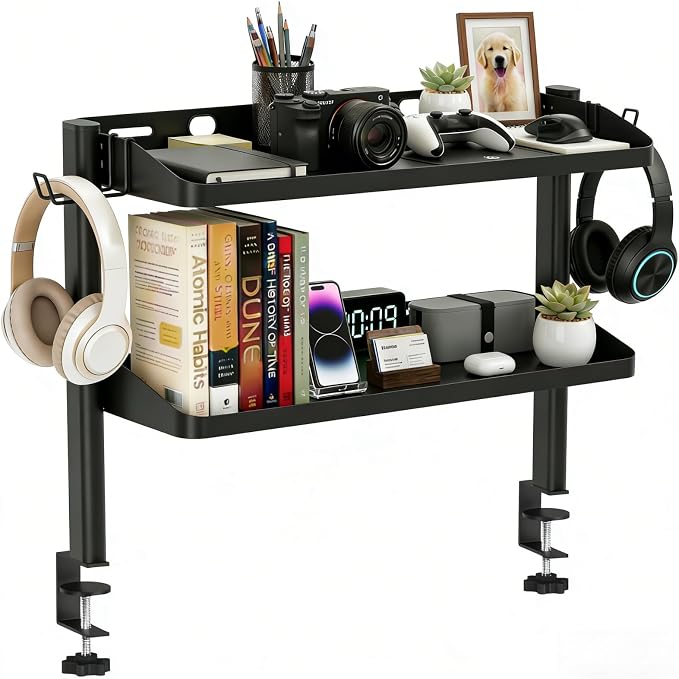 Clamp on Desk Shelf, 24in 2-Tier Office Desk Shelves Organizer, Shelf for Top of Desk with Headphone Holder and Hooks, Desktop Storage Rack for Home Workspace, Study Rooms, Gaming Accessories