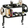 Clamp on Desk Shelf, 24in 2-Tier Office Desk Shelves Organizer, Shelf for Top of Desk with Headphone Holder and Hooks, Desktop Storage Rack for Home Workspace, Study Rooms, Gaming Accessories