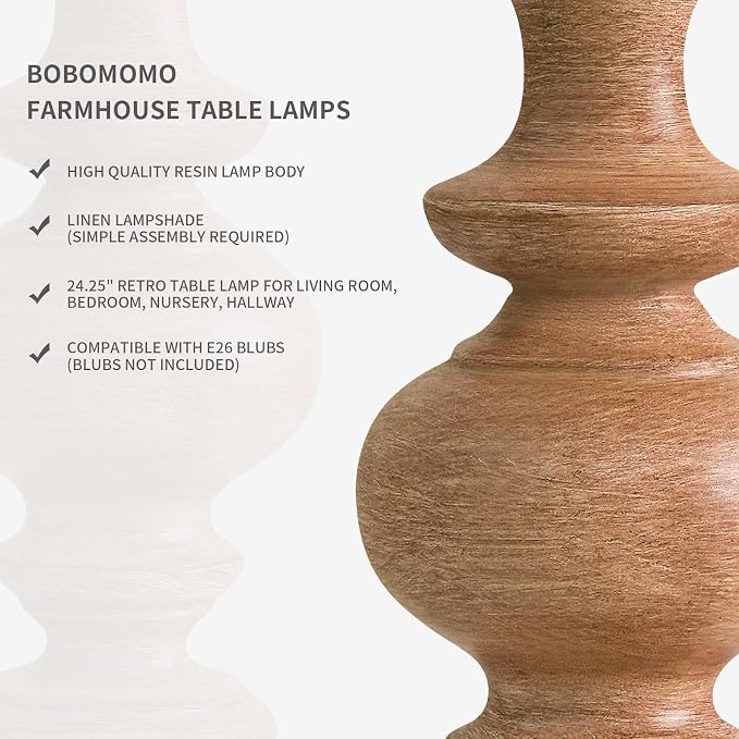 BOBOMOMO 24" Farmhouse Table Lamps Set of 2 – Rustic Light Brown Resin Bedside Lamps with Linen Shades, Medium Size Nightstand Lamps for Bedroom, Living Room, and Entryway, Ideal for Warm, Cozy Spaces