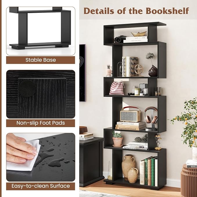 Tangkula 6-Tier S-Shaped Bookshelf, 64" Freestanding Geometric Bookcase, Home Office Wood Storage Shelf with Anti-Toppling Device, Room Divider Display Rack for Study, Living Room (2, Black)