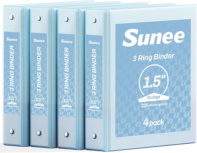 SUNEE 1.5 Inch Binders 3 Ring 4 Pack, Clear View 1 1/2 Inch Binders Three Ring PVC-Free (Fit 8.5x11 Inches) for School or Office Supplies, Blue