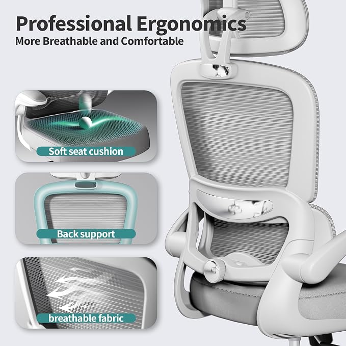 TRALT Office Chair Ergonomic Desk Chair - Gaming Chair with Lumbar Support | 330 LBS Home Office Desk Chairs with Headrest, Reading Chair with Flip-up Armrests, Comfortable Computer Chairs (1, Grey)