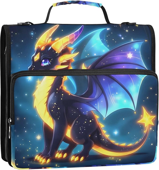 3 D-Ring Zipper Binder Bag, Little Dragon in Galaxy Dark Space Removable Binder with Zipper Case Hold 300+ Sheets& 13 Inch Laptop for School Office Supplies Organizer