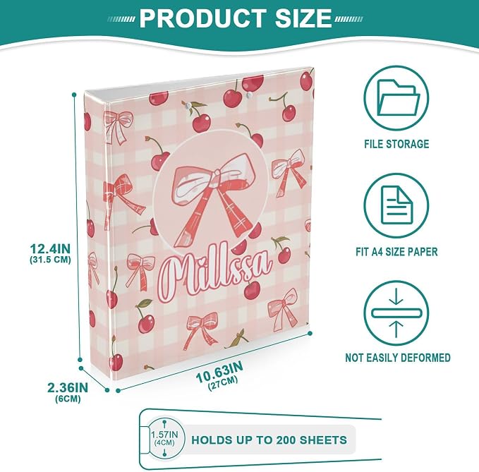 Cherry Bow 3 Ring Binder with Clipboard Round Ring Binders Check Pink Personalized Binder 3 Interior Clear Pockets for Office Supplies 2 Pack