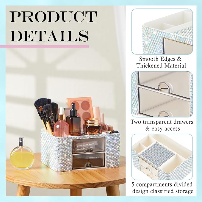 MotiMind Silver Bling Desk Organizer with 2 Drawer, Sparkly Makeup Organizer for Vanity, Girly Desk Accessories, Rhinestone Pen Holder, Elevate Your Workspace with Silver Serenity (Diamond)