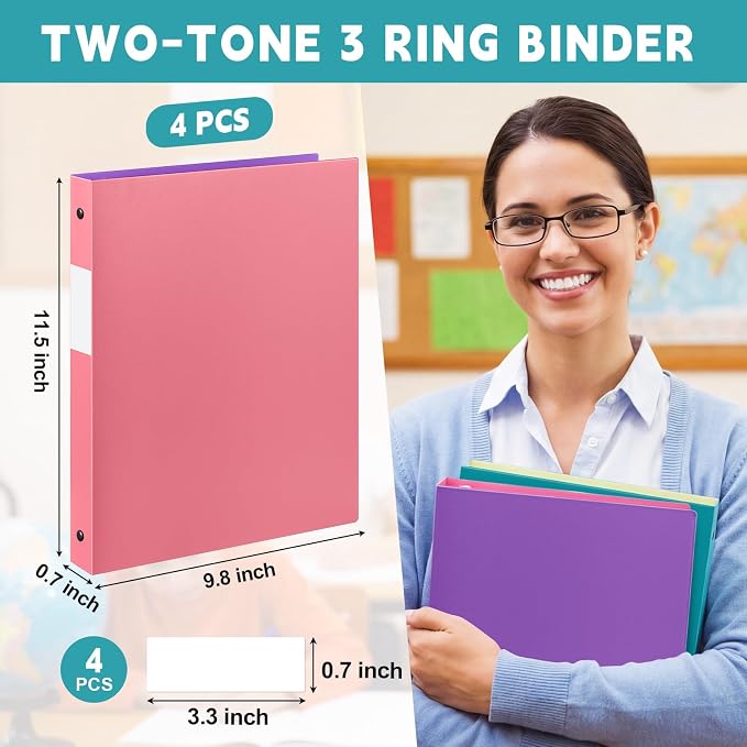 Henoyso 4 Pack Two-Tone Durable 3 Ring Binders 1/2 Inch, 4 Inner Pockets, Colored Plastic Flexible Binders with Large Capacity for School & Office