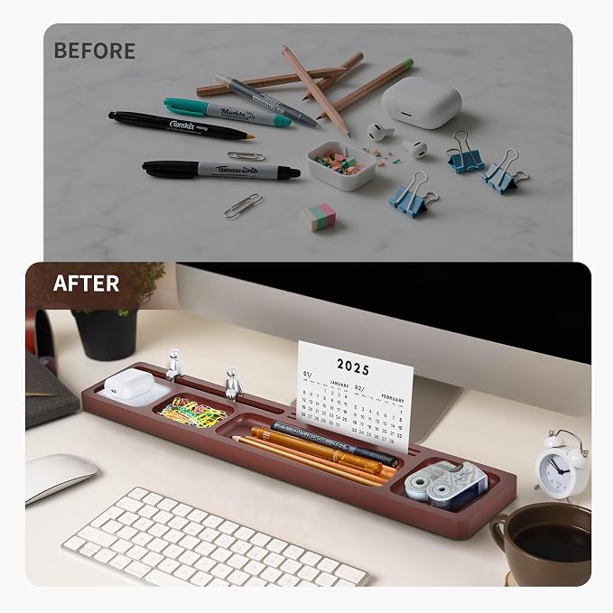 Valet Tray for Men – EDC Desk Organizer with Phone & Tablet Stand, Wooden Catchall for Watch Wallet Keys, Multi-Functional Office Desktop Storage, Gift for Husband Dad Groomsman