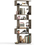 Tangkula 6-Tier S-Shaped Bookshelf, 64" Freestanding Geometric Bookcase, Home Office Wood Storage Shelf with Anti-Toppling Device, Room Divider Display Rack for Study Living Room (1, Grey Oak)
