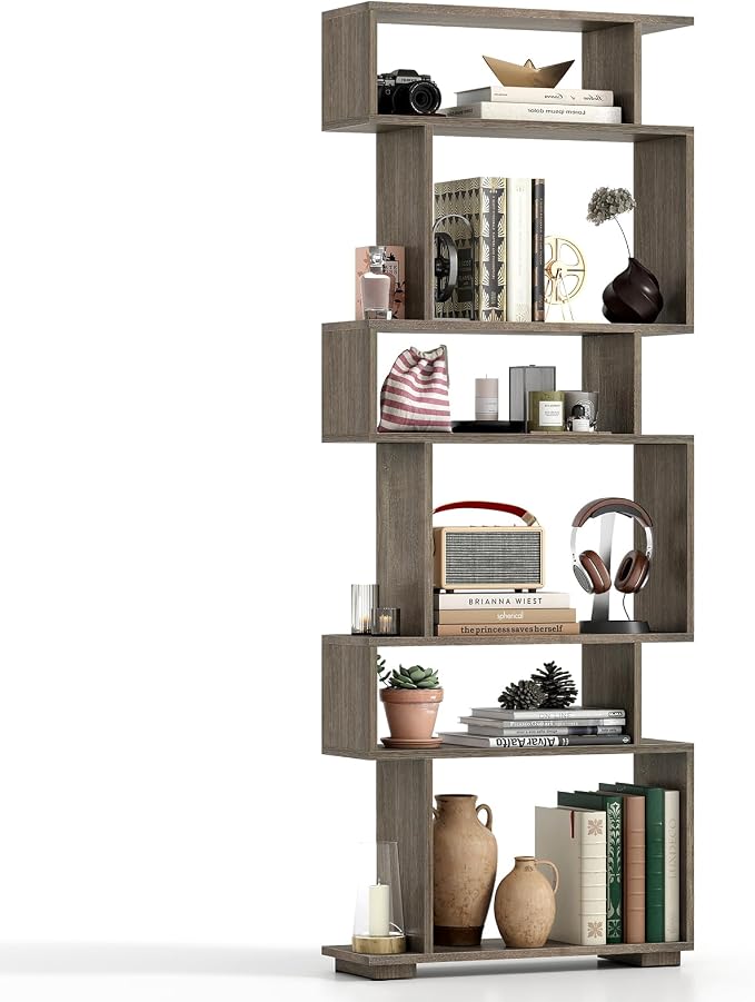 Tangkula 6-Tier S-Shaped Bookshelf, 64" Freestanding Geometric Bookcase, Home Office Wood Storage Shelf with Anti-Toppling Device, Room Divider Display Rack for Study Living Room (1, Grey Oak)
