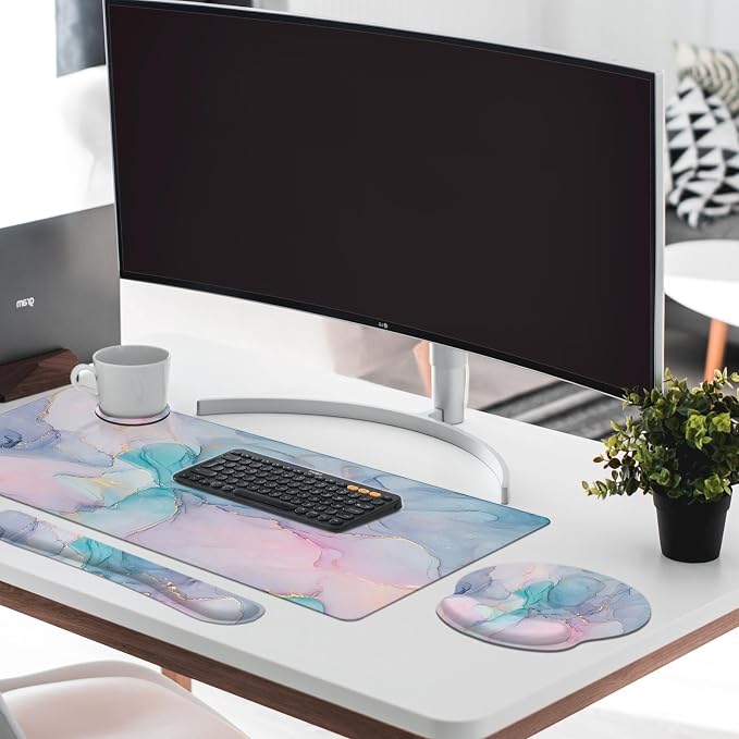 Keyboard Mouse Pad Set, 4 in 1 Desk Mat Set, Liquid Marbling | Blue Purple Large Mousepad+Keyboard Wrist Rest+Mouse Wrist Rest+Coaster Ergonomic Design for Home Office Computer