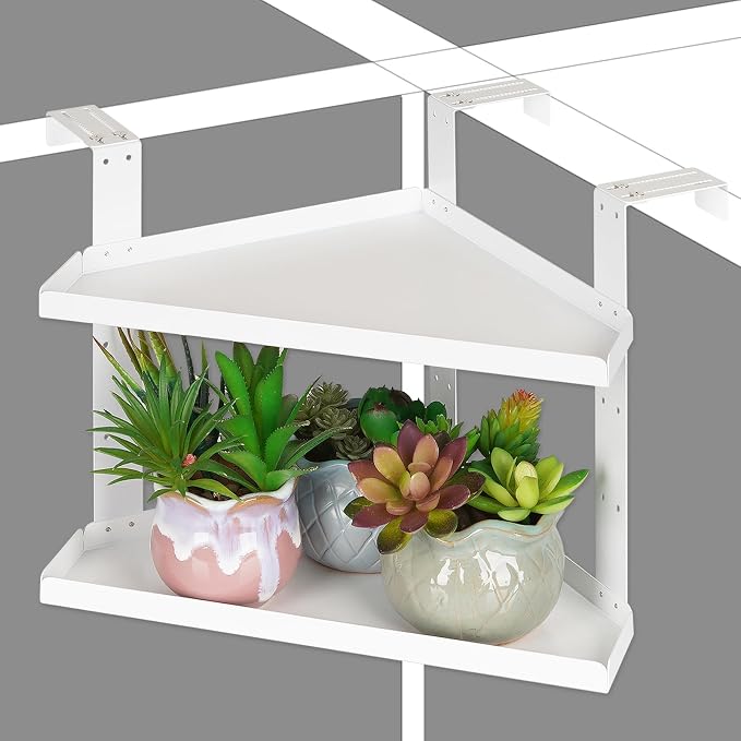 Office Cubicle Shelf, Double Layer Cubicle Storage with Adjustable Hooks | Shelf Organizer Accessories, Height Adjustable 11in Large Hanging Corner Shelf for Plant, Book, Photo Frames, Tissue, White