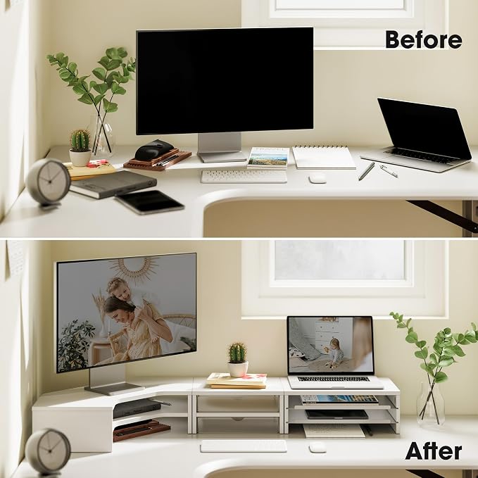 Fenge Dual Monitor Stand, Corner Desk Shelf with Drawer & Slide-Out Tray | Modular Design for Flexible Layouts, 2-Tier Storage Desktop Organizer for Computer, Laptop, Printer and Telephone
