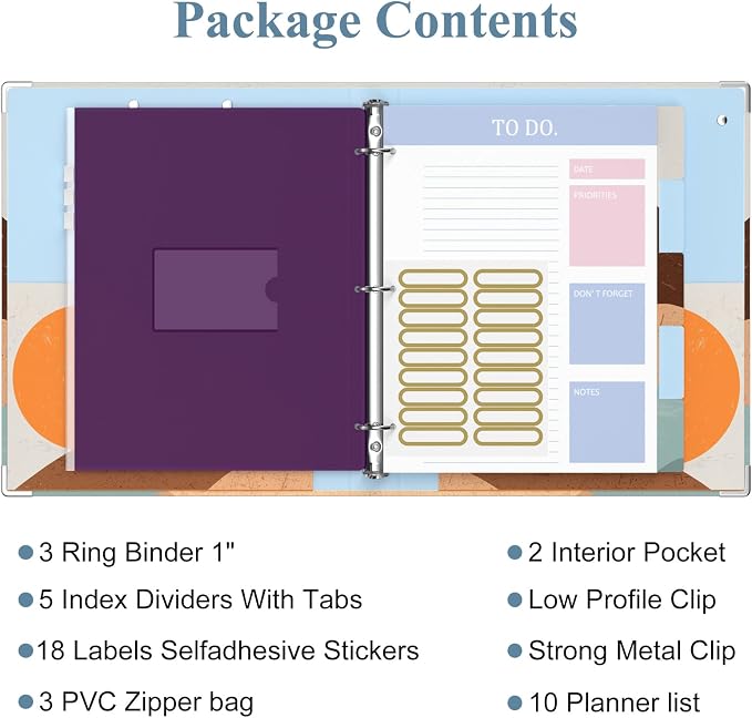 3 Ring Binder, 1 Inches Round Ring Binder with Clipboard, Dividers Tabs, PVC Zipper Bag Sleeves & to Do List Planners for Women, Men, School, Office Supplies, Mountain
