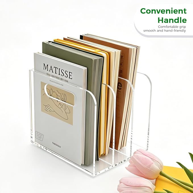 Lovemolly 3-Slot Clear Acrylic Magazine File Holder, Vertical Desk Organizer with Handle – No-Assembly Document Sorter for Office & Home, 7.48 x 6.69 x 6.3 in