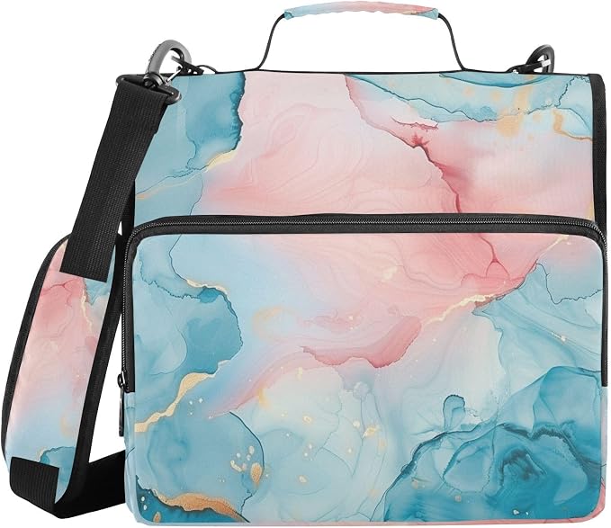 ALAZA Blue Teal Pink Marble Zipper Binder 1.5 inch 3 Ring Binder Organizer with Shoulder Strap and Handle for Home Office Work