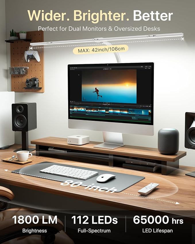 ONEMIX LED Desk Lamp with Base, 42-Inch 4-Panel Light for Dual Monitors | 1800 Lumens, 4 Adjustable Panels, 5 Color Temps, 5 Brightness Levels, Remote, Timer, Flicker-Free for Home Office