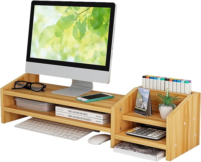 Catekro Monitor Stand Riser, 2 Tiers Wood Monitor Riser Stand Brown | Multi-Purpose Desktop Organizer Riser with Storage Organizer for Computer, Laptop, Printer