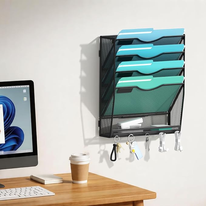 Gawerk 5-Tier Wall File Organizer Hanging Wall File Holder Wall Mount Paper Folder Organize, Mesh Magazine Document Mail Organizer for Office School Home, Black