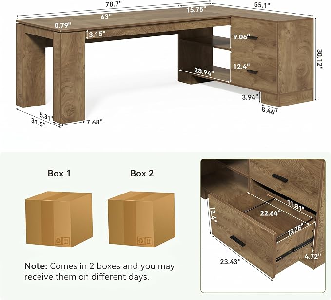 LITTLE TREE 78.7" L Shaped Office Desk with Drawers | Executive Computer Desk with Open Shelves Storage, Farmhouse Large Wooden L Desks Business Furniture, Brown
