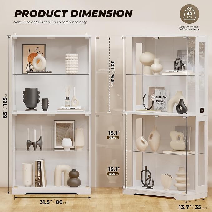 Auro Home 4-Tier Display Cabinet with Light White (65" H*31.5" W*13.7" D) | Display Case With Glass Door,Curio Cabinet with 3 color Light&Human Body Sensor,Perfect for Collectibles,Lego,Trophy,Book