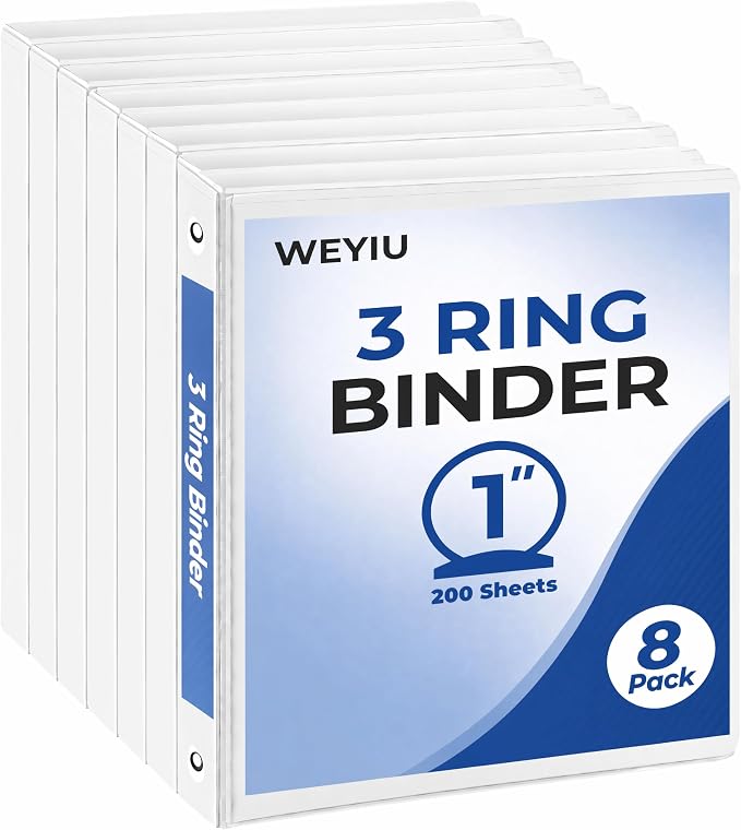 1 inch 3-Ring Binder, 1" Round Ring Binder with 2 Interior Pockets, Holds 200 Sheets US Letter Size 8.5'' x 11'', Clear View Binders for Office, Home, and School 8-Pack (White)