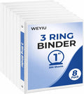 1 inch 3-Ring Binder, 1" Round Ring Binder with 2 Interior Pockets, Holds 200 Sheets US Letter Size 8.5'' x 11'', Clear View Binders for Office, Home, and School 8-Pack (White)