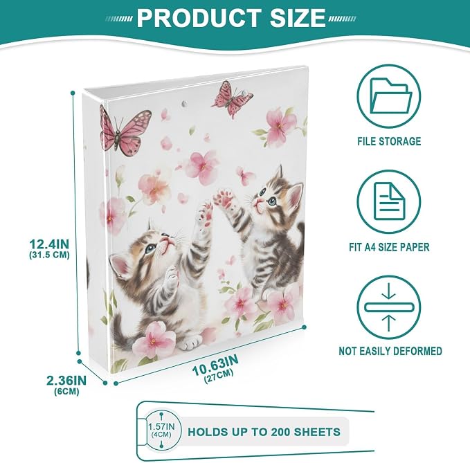 Butterfly Cute Cat Binder 1.5 Inch Binder with Clipboard&Pockets, Kitty with Pink Floral Hardcover Binders 3 Ring Heavy Duty Large File Folder for Office School Supplies-Holds 200 Sheets, 2 PC