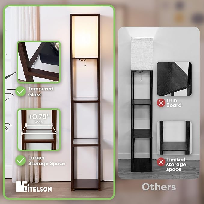 Floor Lamp with Shelves, Modern Square Standing Lamp with Glass Shelves, Corner Display Shelf with Light, Tall Lamp with Shelves for Living Room, Bedroom, Office, Bookshelf, Brown