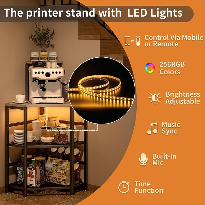 4-Tier Corner Printer Stand with Power Outlet and LED Lights, Greige | 4 Tier Storage, Corner Space Saving Design, Fits Laser Printer, Scanner and Office Supplies, Home Office Organization