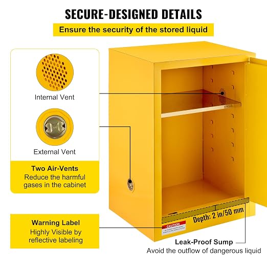 VEVOR Flammable Cabinet, 18" x 18" x 35", Yellow | Galvanized Steel, Safety Cabinet, Adjustable Shelf, Commercial, Industrial, Home Use