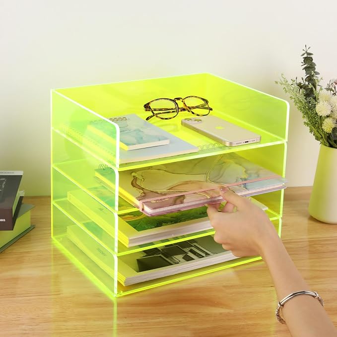 Gelite Acrylic File Organizer for Desk 4 Tiered Stackable Letter Tray Office Paper Storage Desktop Document Sorter, Neon Green