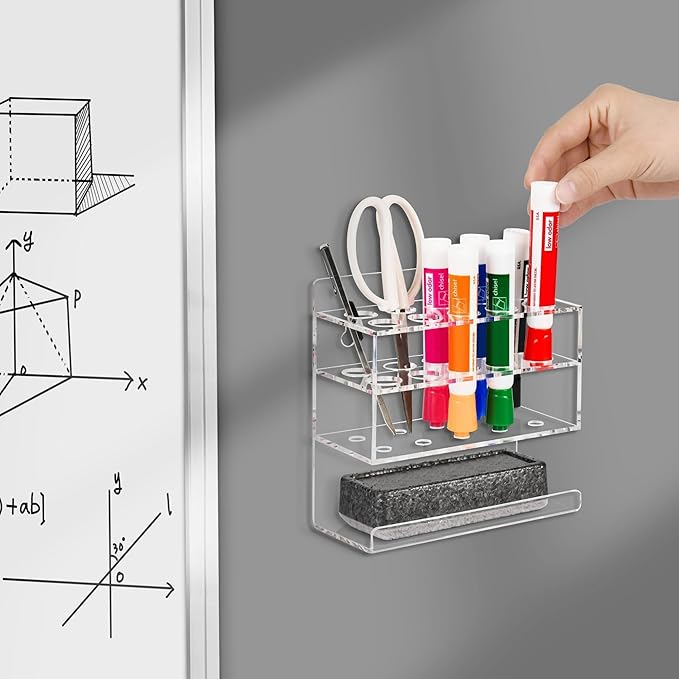 Dry Erase Marker Holder, Wall Mounted Acrylic Marker Holder with 10 Slots, Sticky Pen Storage for Classroom Organization, Office, Whiteboard, Desk Locker Organizer Accessories, Clear