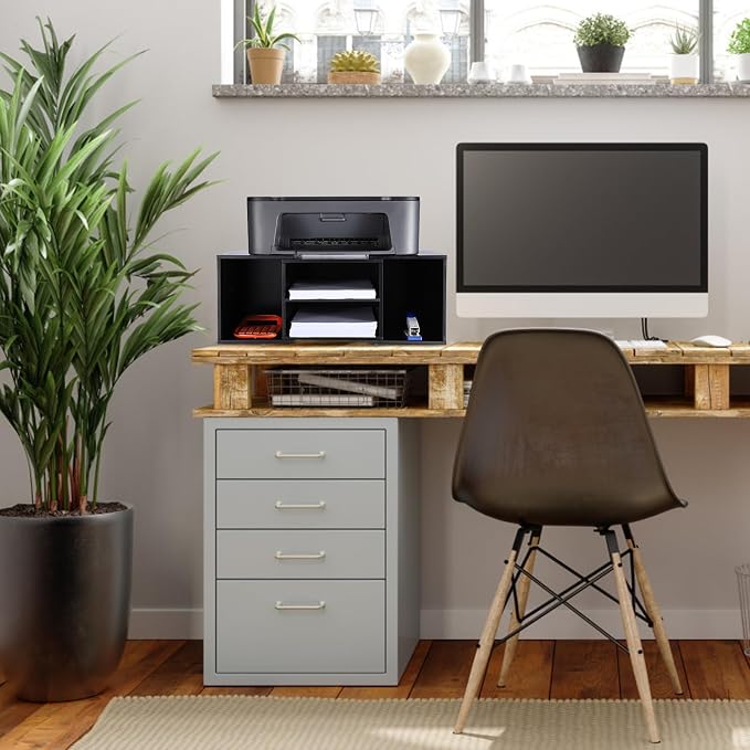 EMERIT Large Printer Stand, Adjustable Printer Table with Storage, 2-Tier Printer Riser Desktop Paper Organizer Shelf for Home Office, 23'' x 12.3'' x 8.7'' (Black)