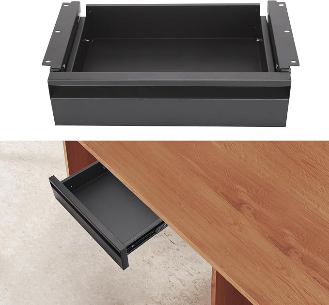 POPMOON 13.8 inch Under Desk Drawer Organizer Pull Out Metal Storage Drawer | Under Table Drawer with Silent Smooth Slide Rails, Carbon Steel Undermount Drawer, Black Powder Coated, Hold 33 Lbs