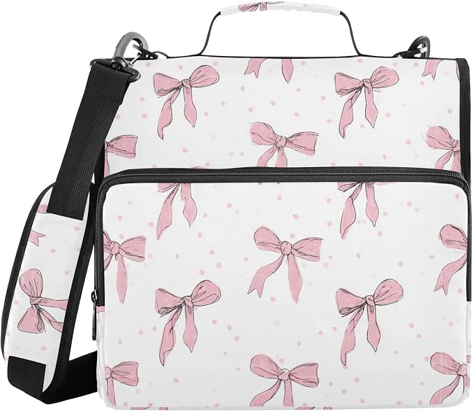 Aslsiy Zipper Binder Bag for Girls Boys Pink Bows Cute Hearts 1.5 inch 3-Ring Binder Organizer White with Shoulder Strap for School Office Supplies